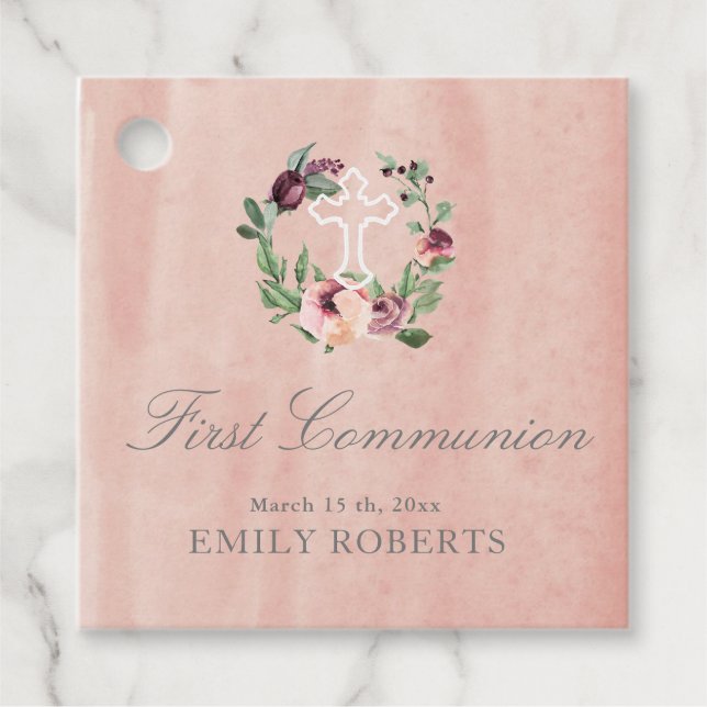 Étiquettes Cadeau première communion marsala floral blush monogramme (Devant)