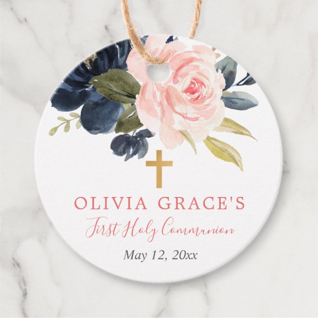 Étiquettes Cadeau Première communion sacrée de la marine rose pâle (Devant)