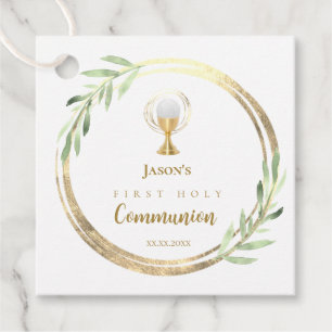 Étiquettes Cadeau Première Sainte Communion cercle d'or feuilles ver