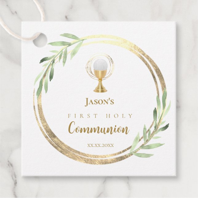 Étiquettes Cadeau Première Sainte Communion cercle d'or feuilles ver (Devant)