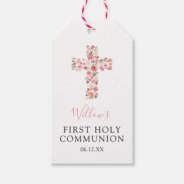 Étiquettes-cadeau Première Sainte Communion Croix rose florale Favor (Devant)