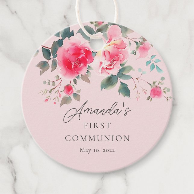 Étiquettes Cadeau Première sainte communion en fleurs blanches (Devant)