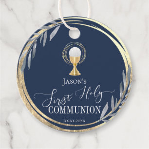 Étiquettes Cadeau Première sainte communion   feuille bleue et fauss