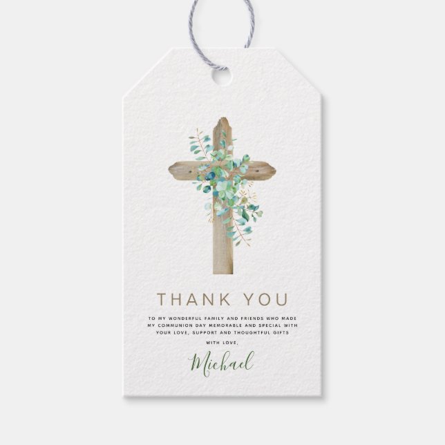 Étiquettes-cadeau Première Sainte Communion Merci Eucalyptus Vert (Devant)