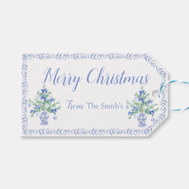 Étiquettes-cadeau Preppy Blue Chinoiserie Arbre de Noël Ginger Jars (Devant (Horizontal))