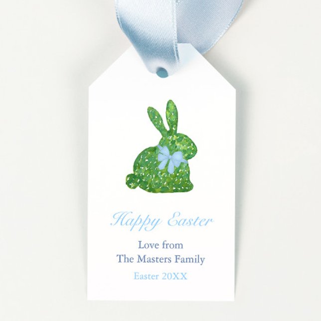 Étiquettes-cadeau Preppy Boxwood Bunny Blue Bow Joyeux Pâques (Preppy Boxwood Bunny with powder blue boy baby shower favor tags or Happy Easter gift tags)