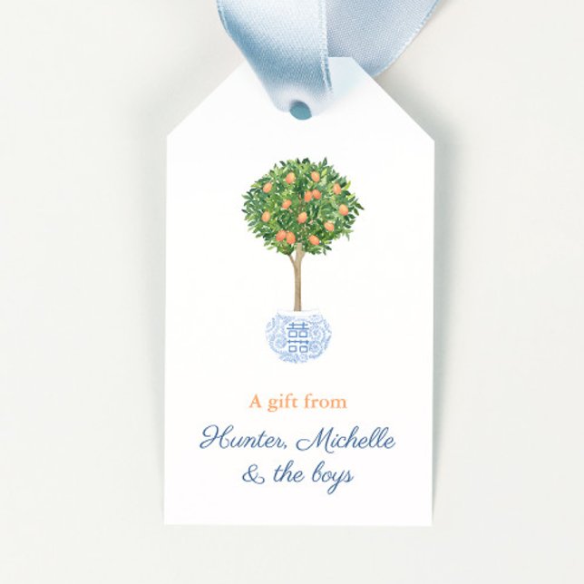 Étiquettes-cadeau Preppy Citrus Orange Sky Blue Topiary Tree Hostals (Chinoiserie orange tree hostess gift tags
)