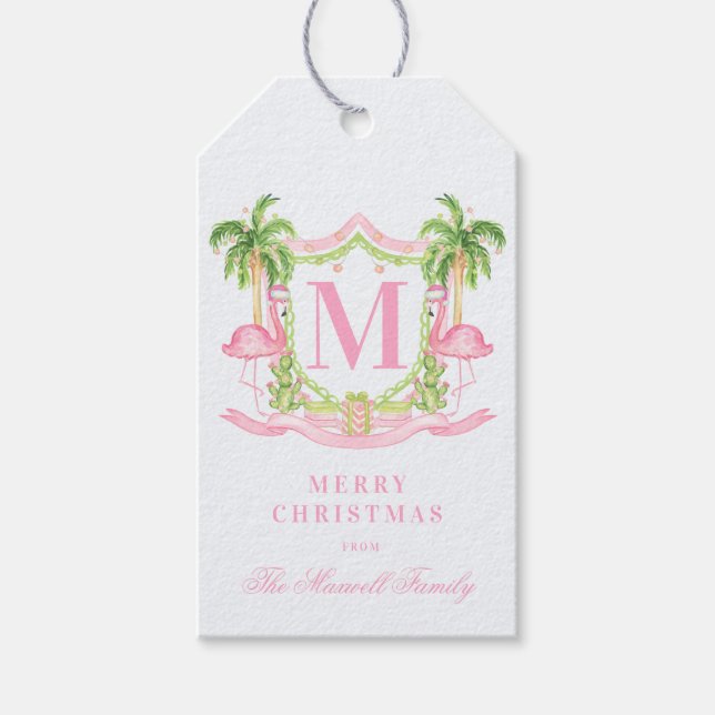 Étiquettes-cadeau Preppy Flamingo Christmas Crest  (Devant)