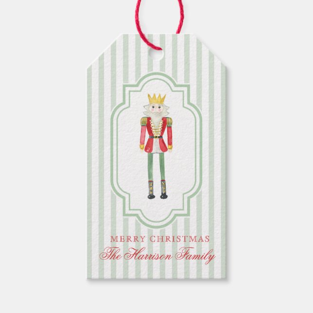 Étiquettes-cadeau Preppy Green Red Watercolor Nutcracker Christmas (Devant)