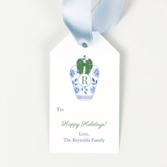 Étiquettes-cadeau Preppy Monogram Green Bow Joyeuses vacances (Hand painted watercolor Ginger jar with green bow and monogram preppy merry christmas gift tags)