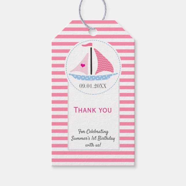 Étiquettes-cadeau Preppy Nautical rose Voile Away Anniversaire Merci (Devant)