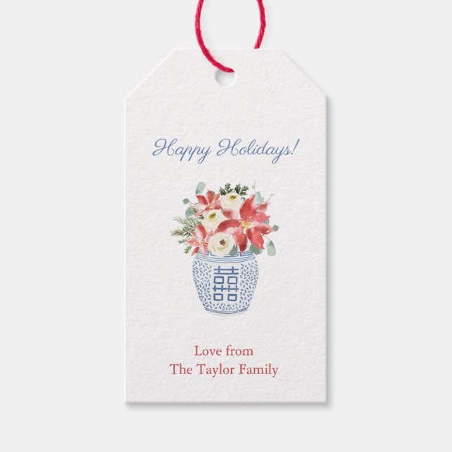 Étiquettes-cadeau Préppy Noël Florals Ginger Jar Joyeuses vacances (Devant)