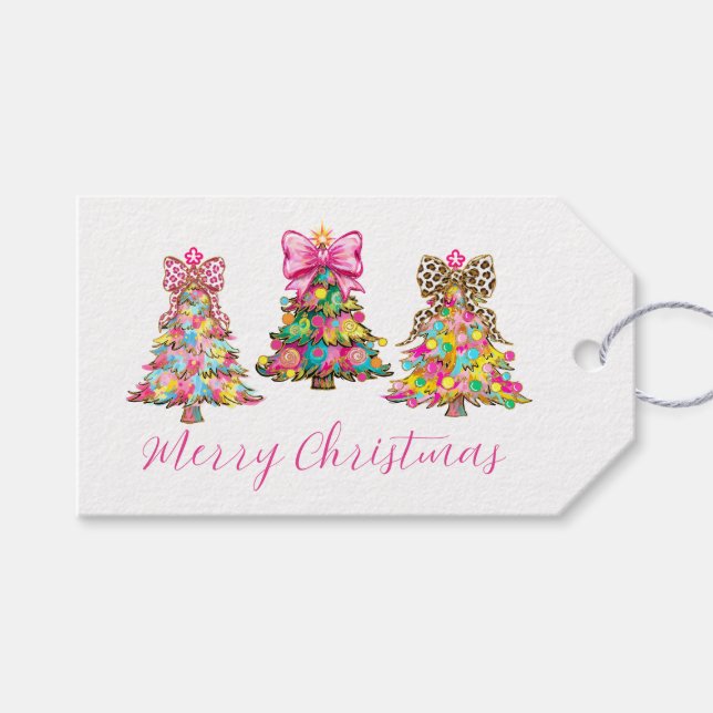 Étiquettes-cadeau Preppy Pink and Green Christmas Trees (Devant (Horizontal))
