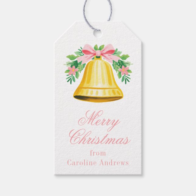 Étiquettes-cadeau Préppy Pink & Green Christmas Bell Swag (Devant)