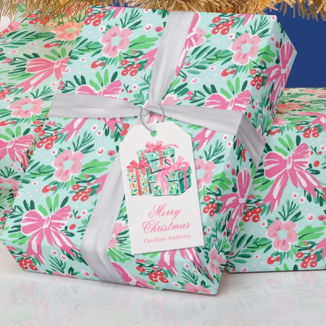 Étiquettes-cadeau Préppy rose & vert cadeau de Noël enveloppé (Créateur téléchargé)