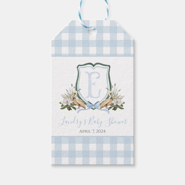 Étiquettes-cadeau Preppy Southern Blue Boy Pelican Baby shower (Devant)