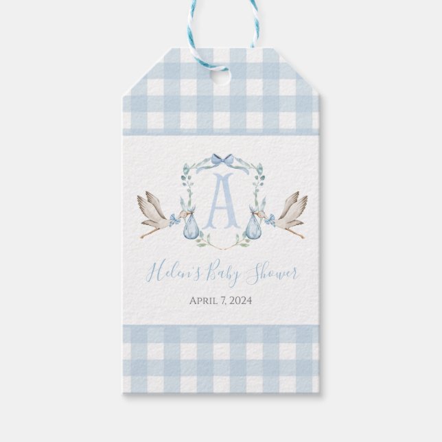 Étiquettes-cadeau Préppy Southern Blue Boy Stork Baby shower (Devant)