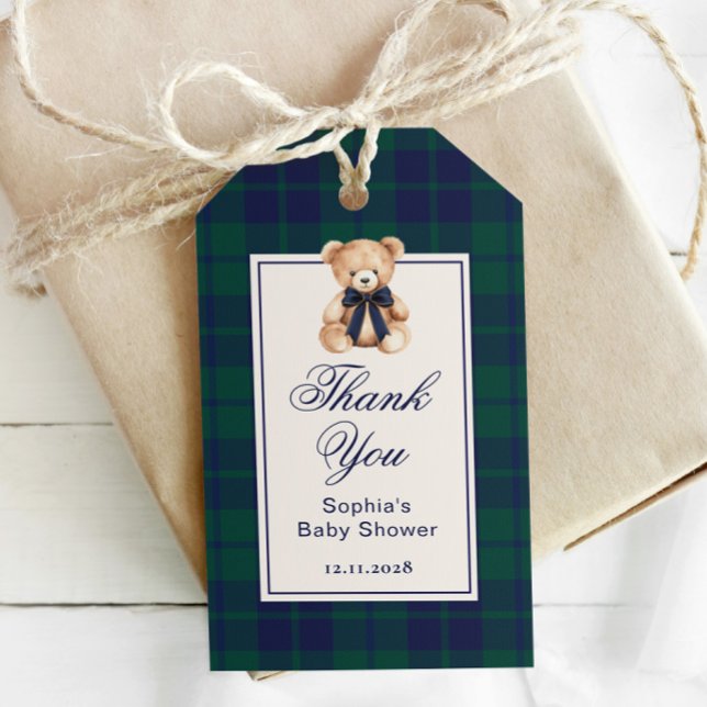 Étiquettes-cadeau Preppy Teddy bear Plaid Baby Shower Thank you (Créateur téléchargé)