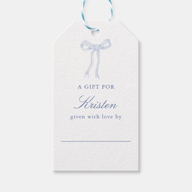 Étiquettes-cadeau Présentation de la douche avec nœud à ruban bleu (Devant)