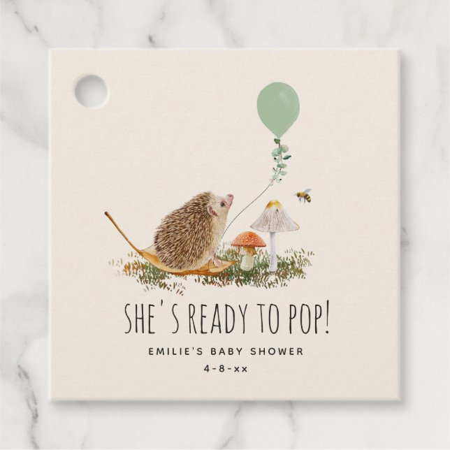 Étiquettes Cadeau Prêt pour la pop champignons Hérisson Baby shower  (Devant)