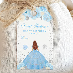 Étiquettes-cadeau Princesse aux Cheveux Bruns Hiver Bleu Douze Ans
