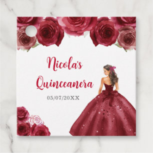 Étiquettes Cadeau Princesse Florale en Robe Rouge Quinceanera