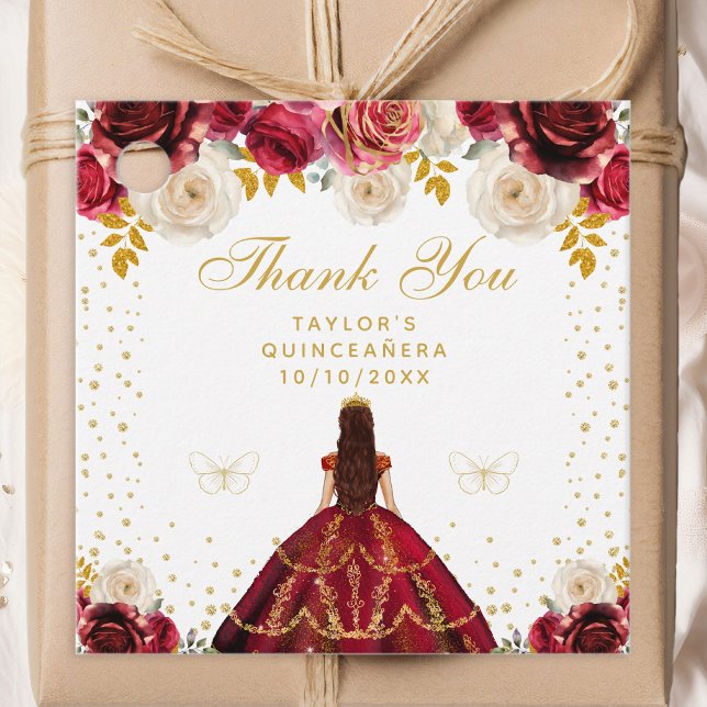 Étiquettes Cadeau Princesse Florale Rouge Quinceañera (Créateur téléchargé)