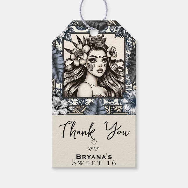 Étiquettes-cadeau Princesse Polynésienne Fleurie Bleu Anniversaire T (Devant)