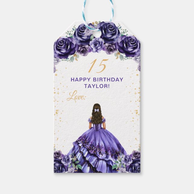 Étiquettes-cadeau Princesse Quinceañera violet foncé Joyeux annivers (Devant)