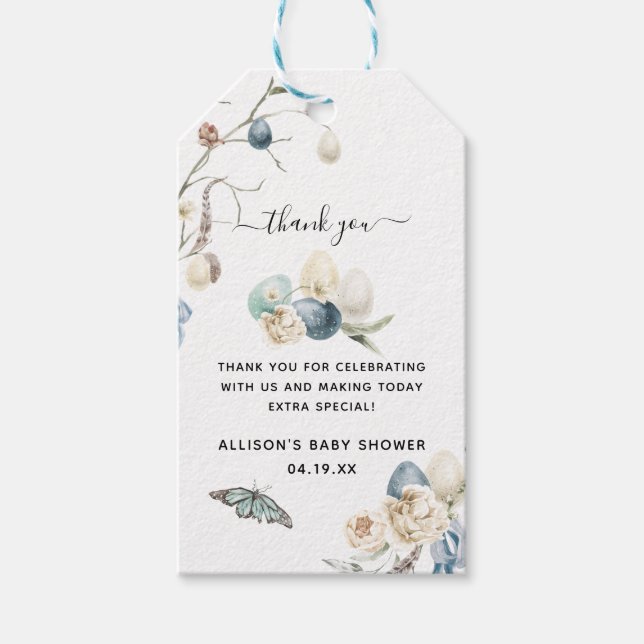 Étiquettes-cadeau Printemps bleu Pâques | MERCI BABY SHOWER (Devant)