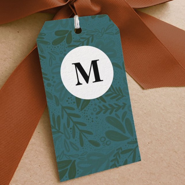 Étiquettes-cadeau Profondeur | Monogramme botanique festif (Watercolor botanical deep blue green bramble holiday gift tag.)