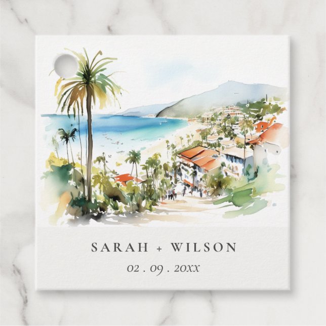Étiquettes Cadeau Puerto Vallarta Mexico Watercolor scape Wedding (Devant)