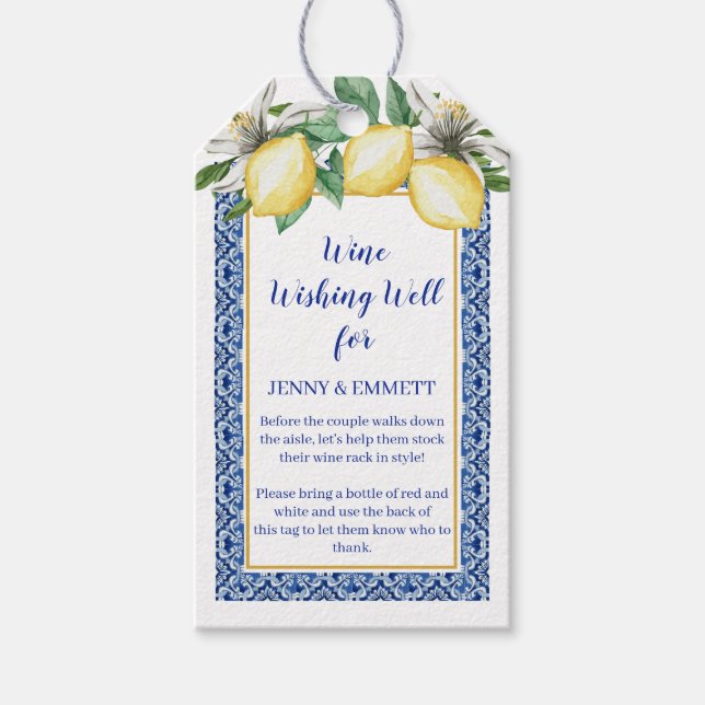 Étiquettes-cadeau Puits de vœux de vin de carreaux bleus citron Mari (Devant)