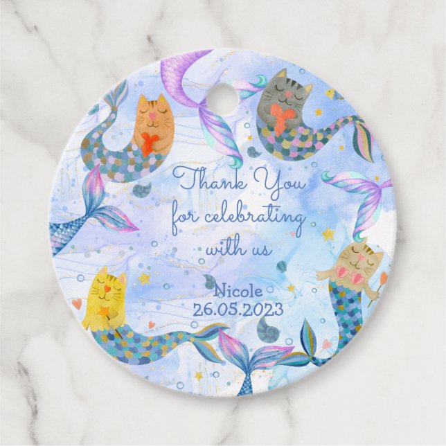 Étiquettes Cadeau Purmaid chat sirène aquarelle fille anniversaire (Devant)