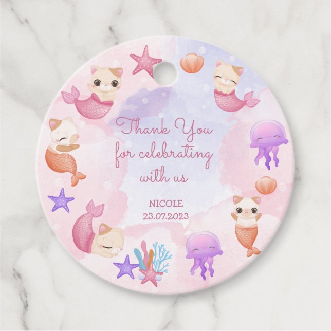Étiquettes Cadeau Purmaid chat sirène mignonne fille anniversaire (Devant)