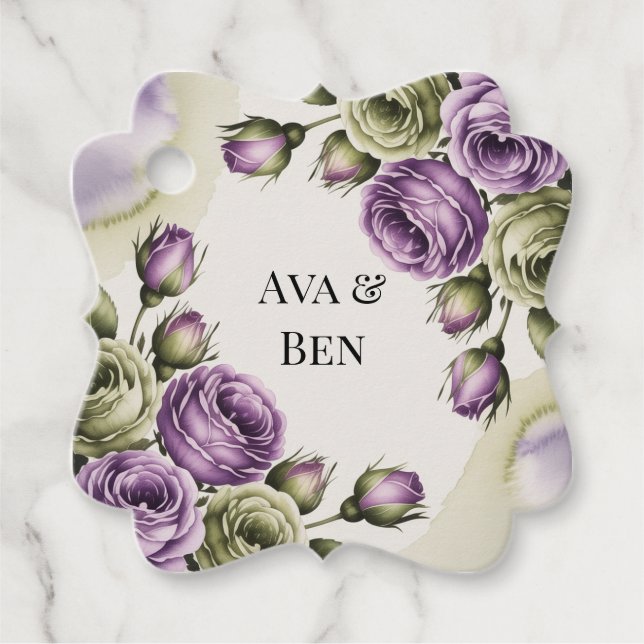 Étiquettes Cadeau Purple and Sage Green Roses Watercolor Wedding (Devant)