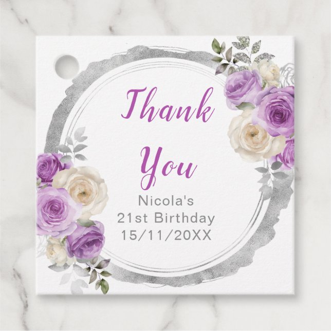 Étiquettes Cadeau Purple and Silver Elegant Flowers Birthday (Devant)