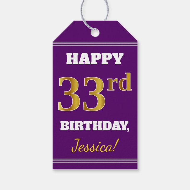 Étiquettes-cadeau Purple, Faux Gold 33ème anniversaire + Nom personn (Devant)