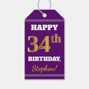 Étiquettes-cadeau Purple, Faux Gold 34e anniversaire + Nom personnal