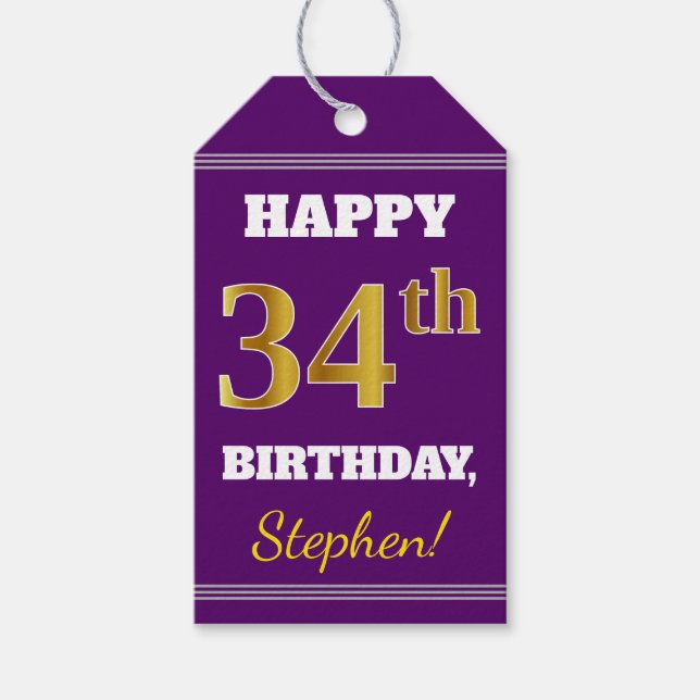 Étiquettes-cadeau Purple, Faux Gold 34e anniversaire + Nom personnal (Devant)