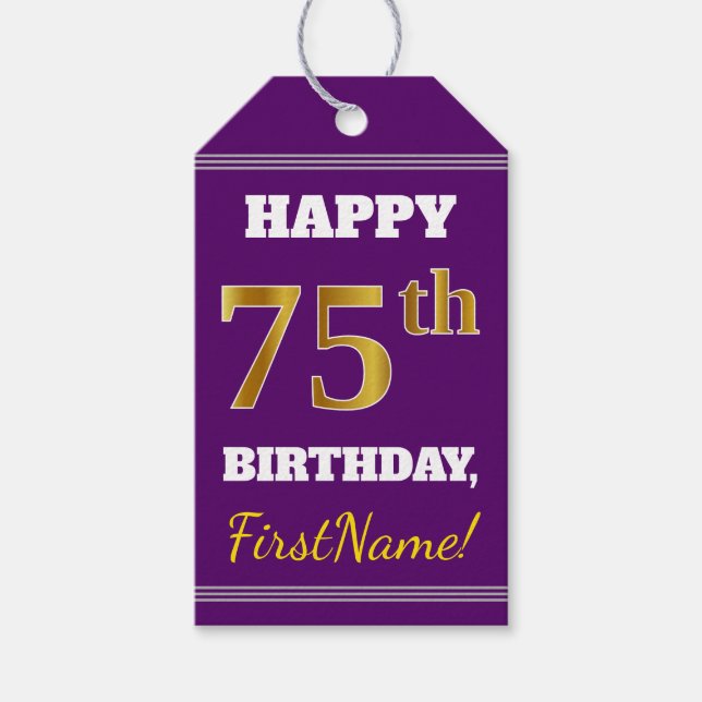 Étiquettes-cadeau Purple, Faux Gold 75e anniversaire + Nom personnal (Devant)