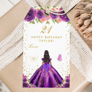Étiquettes-cadeau Purple Floral Fille de la peau foncée Joyeux anniv