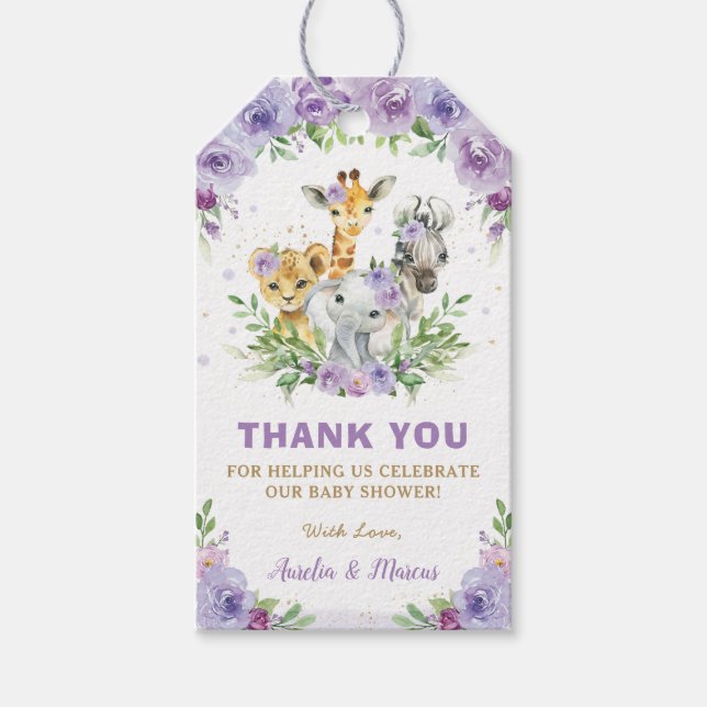 Étiquettes-cadeau Purple Floral Safari Jungle Animaux Baby shower G (Devant)
