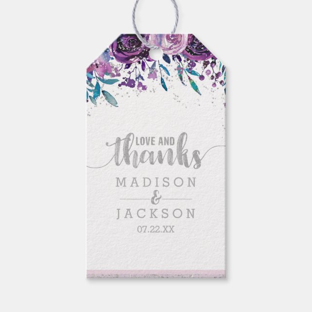 Étiquettes-cadeau Purple Floral & Silver Mariage Amour & Merci (Devant)
