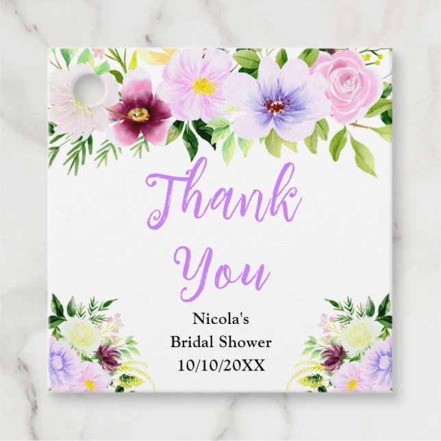 Étiquettes Cadeau Purple Flowers Bridal Shower Thank You (Devant)