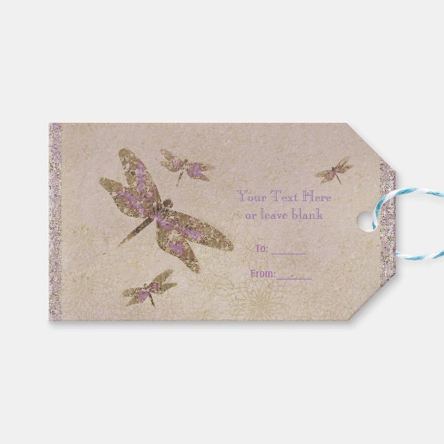 Étiquettes-cadeau Purple & Gold Dragonflies Fête de libellules Favor (Devant (Horizontal))