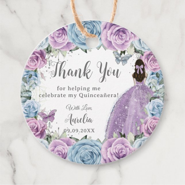 Étiquettes Cadeau Purple Lilac Baby Blue Floral Robe Quinceañera (Devant)