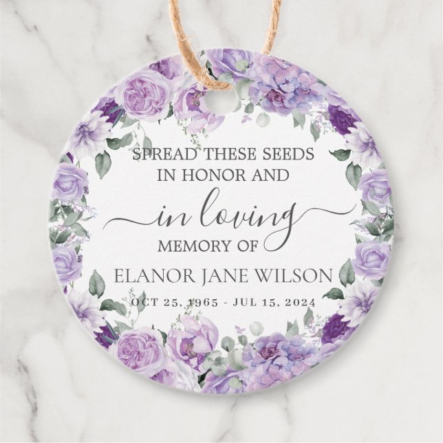 Étiquettes Cadeau Purple Lilac Floral Mémorial Funeral semence Packe (Devant)