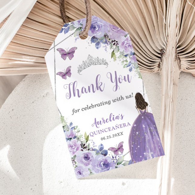 Étiquettes-cadeau Purple Lilac Floral Princess Butterfly Quinceañera (Créateur téléchargé)