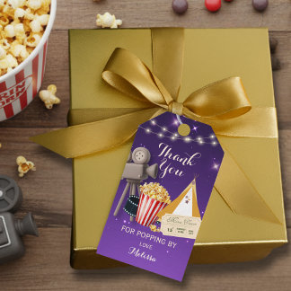Étiquettes-cadeau Purple Movie Night Birthday Party Thank You